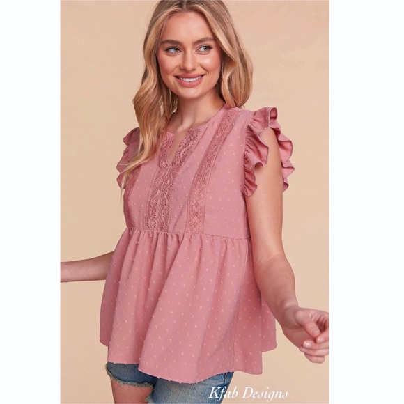 LAST ONE! Crochet/Lace Swiss Dot Cap Ruffle Sleeve Woven Top in Dusty Rose! - Picture 5 of 11